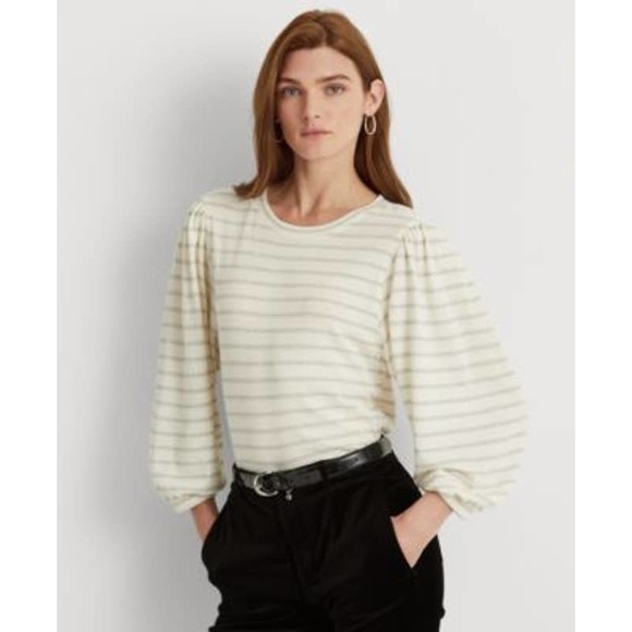 Lauren Ralph Lauren Women's Cream Metallic Stripe Flow Sleeve "Lurex" Blouse - Picture 1 of 4